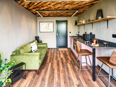 A narrow kitchen and living area with a green sofa and a breakfast bar with two brown chairs at Rusty Boathouse in Llanarth