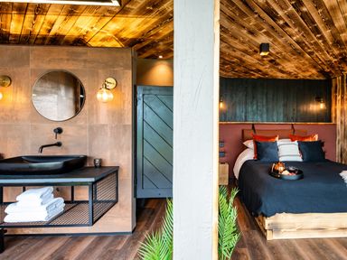A bedroom with a bed and pillows next to a bathroom with a sink and round mirror at Rusty Boathouse in Llanarth