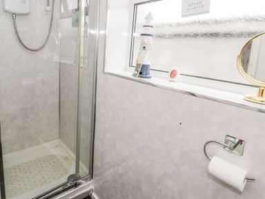 A bathroom corner with a shower enclosure a window with decorative items and a toilet paper holder with a roll at Penrallt in Cemaes Bay