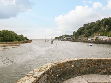 A river with moored boats and buildings along the shore with trees in the background at The Moorings in Porthmadog