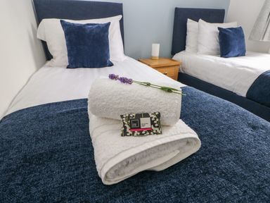 Two single beds with white and blue bedding and a wooden nightstand with lamp between at Mews Cottage in Laugharne