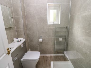 A bathroom with a toilet a sink a mirror a towel rack and a shower at Mews Cottage in Laugharne