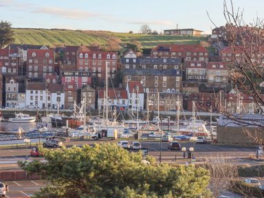 A marina with boats docked near a row of houses and a grassy hill in the background at The View in Whitby