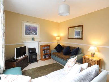 A living room with two sofas a television a bookshelf and lamps at Amelie Cottage Beaumaris Anglesey
