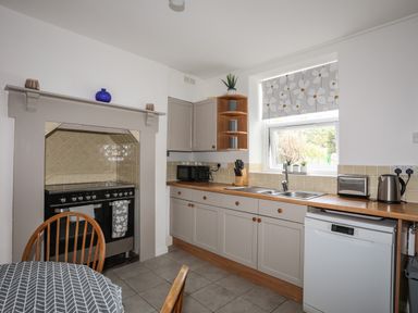 A kitchen with a black oven under a tiled mantle a wooden table with chairs a countertop with a microwave sink toaster and kettle at Amelie Cottage in Beaumaris Anglesey