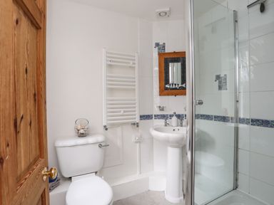 A bathroom with a toilet sink shower and wooden door at Amelie Cottage in Beaumaris Anglesey