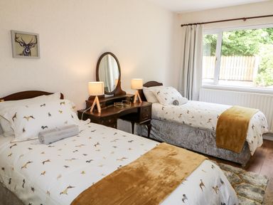 A bedroom with two single beds a wooden dressing table with two lamps and a window at Glebe Farm Cottage in Rathfriland County Down