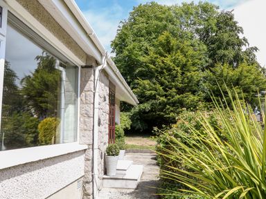 Outside view of a stone house with potted plants near the door and trees and bushes along a concrete path at Glebe Farm Cottage in Rathfriland County Down