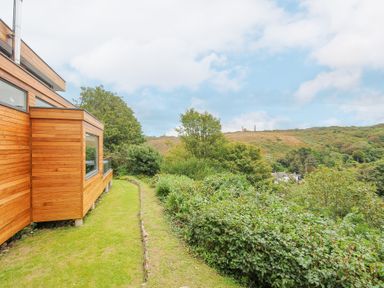 A wooden house overlooking a green hillside with bushes and trees at 9 Cedars in St Agnes