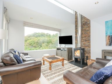 A living room with leather sofas a wooden coffee table a rug and a wood-burning stove at 9 Cedars in St Agnes