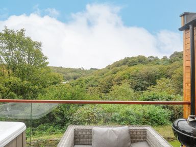A balcony with a sofa and barbecue grill overlooking wooded hills at 9 Cedars in St Agnes