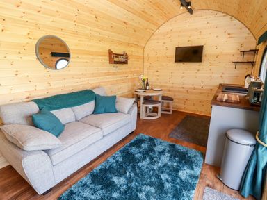 A wooden room with a sofa a round dining table a wall mirror a television and a kitchen area at The Happy Valley Pod in Chipping Norton