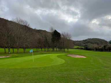A golf course with a putting green bunker and trees under a cloudy sky at The Nest in Prestatyn