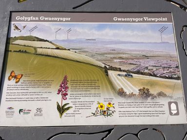 An informational sign at Gwaenysgor Viewpoint showing landscape features birds butterflies flowers and a tractor on a hillside at The Nest in Prestatyn