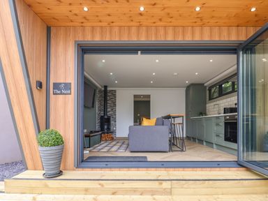 An open living room and kitchen with a gray sofa yellow cushions wood stove and green cabinets at The Nest in Prestatyn