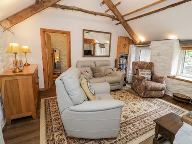 A living room with sofas armchair wooden cabinet and a patterned rug at Gull Cottage Hermon near Newborough