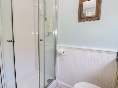 A bathroom with a glass shower enclosure a wooden framed mirror and a toilet roll holder at Gull Cottage in Hermon near Newborough