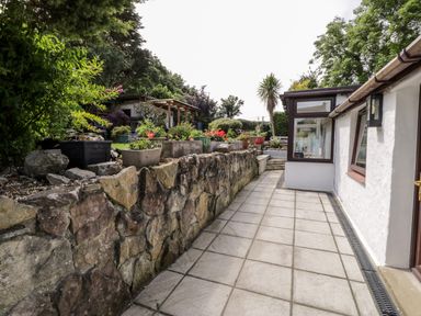 A paved patio area next to a white house with stone wall and potted plants in a garden at Gull Cottage Hermon near Newborough