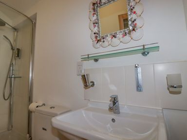 A bathroom with a sink a toilet and a shower with a glass door and a mirror with seashell decorations at Seashells in Atlantic Highway near Bude