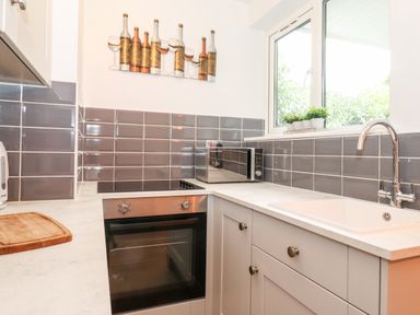 A kitchen with an oven a microwave a sink and plants on the windowsill at Bluebell Hill in Bowness-On-Windermere