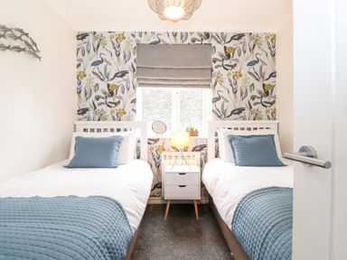 A bedroom with two single beds with blue pillows and blankets and a nightstand with a lamp and small plants between the beds at Bluebell Hill in Bowness-On-Windermere