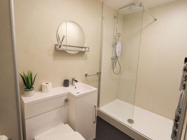 A bathroom with a shower area a sink a round mirror a plant and a toilet at Bluebell Hill in Bowness-On-Windermere