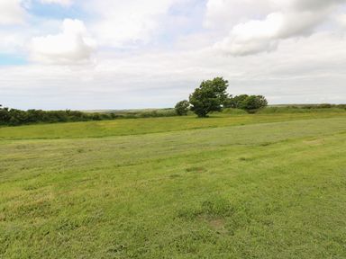 A field with freshly mowed grass trees and bushes under a cloudy sky at Landfall in St Twynnells near Pembroke