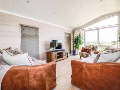 A living room with leather sofas a wooden TV stand indoor plants and large windows at Atlantic Lodge Atlantic Highway near Bude
