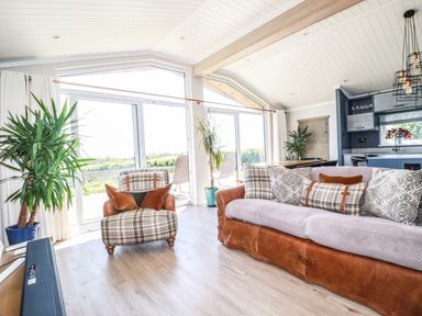 A living room with a plaid armchair and a leather sofa with cushions near large windows and plants at Atlantic Lodge Atlantic Highway near Bude