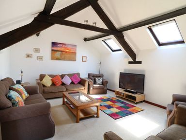 A living room with brown sofas a wooden coffee table a colorful rug and a television at The Corn Tallet in Westleigh near Bideford