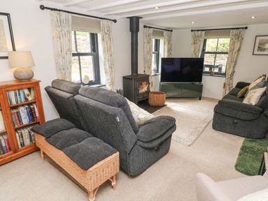 A living room with two dark sofas a wood stove a television and a wooden bookshelf at Wood Brook Cottage in Crowan
