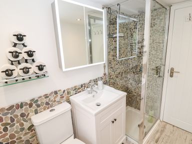 A bathroom with a white toilet, sink with cabinet, mirror, shower with pebble tile walls and sheep figurines on a glass shelf at Wood Brook Cottage Crowan