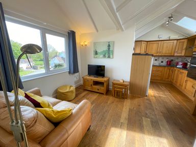 A living room with a sofa and television next to a kitchen with wooden cabinets at Pen- y- Bryn @ Canllefaes Penparc near Cardigan