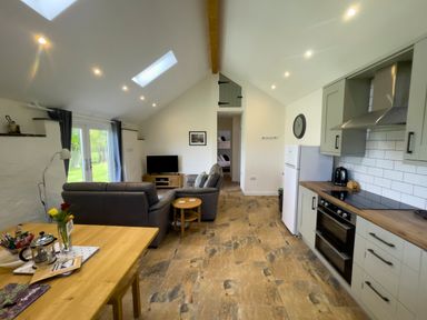 An open plan kitchen and living room with a dining table flowers a sofa television and a refrigerator at The Byre @ Canllefaes in Penparc near Cardigan