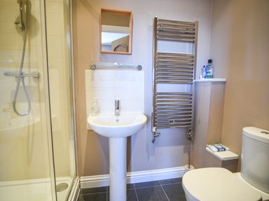 A bathroom with a shower enclosure a pedestal sink a wall-mounted mirror a towel radiator and a toilet at 12 The Gardens in Rousdon