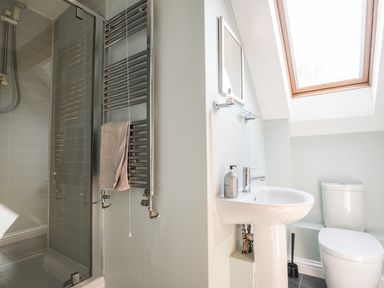 A bathroom with a shower, towel rack, sink with soap dispenser, small mirror, toilet, and skylight window at 12 The Gardens in Rousdon