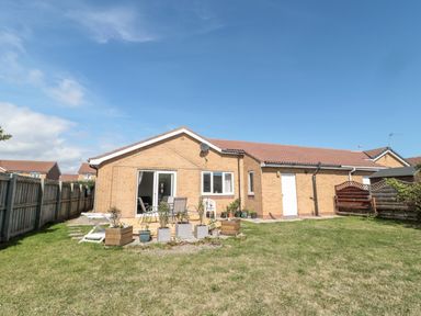 A backyard with a grassy lawn wooden fence and a patio area with chairs and potted plants at 20 Southmead in Amble