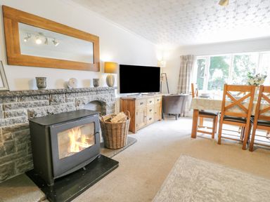 A living room with a fireplace wood burner dining table and chairs a television and a wooden sideboard at Bwthyn Pengwern in Saron near Caernarfon