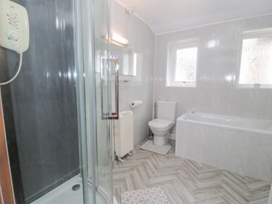 A bathroom with a shower enclosure toilet and bathtub at Bwthyn Pengwern in Saron near Caernarfon