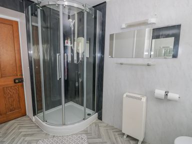 A bathroom with a corner shower enclosure a wall mirror a radiator and a wooden door at Bwthyn Pengwern in Saron near Caernarfon