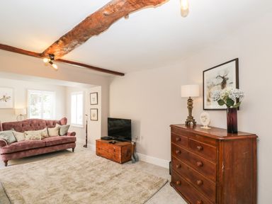 A living room with a sofa a TV on a wooden chest and a wooden dresser with a lamp and flowers at Cuckoo Cottage in Upton Upon Severn