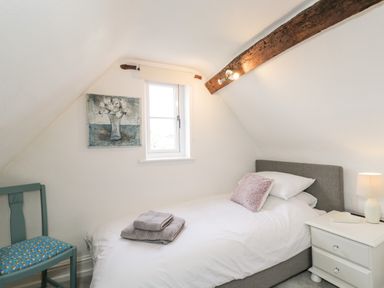 A bedroom with a single bed a bedside table with a lamp and a chair with patterned cushion at Cuckoo Cottage in Upton Upon Severn