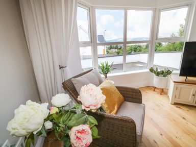 A corner of a living room with a wicker chair with cushions a tall potted plant a television on a cabinet and large windows showing an outdoor view at 12 Hillview in Ludden near Buncrana