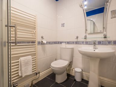 A bathroom with a toilet sink mirror towel rail and trash bin at Swinside Lodge in Newlands Valley near Keswick