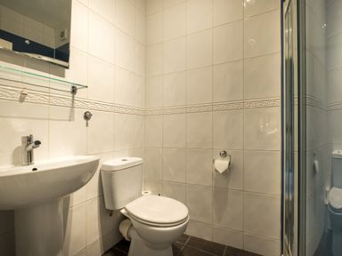 A bathroom with a pedestal sink toilet and shower enclosure at Swinside Lodge in Newlands Valley near Keswick