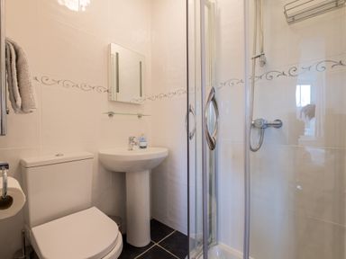 A bathroom with a toilet sink mirror and shower enclosure at Swinside Lodge in Newlands Valley near Keswick