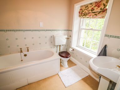 A bathroom with a bathtub toilet and sink next to a window at Scarvagh House in Scarva near Loughbrickland