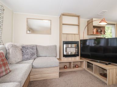 A living room with a gray sofa a wall-mounted mirror a fireplace and a large TV at Herdwick Cabin in Troutbeck 68 White Cross Bay Holiday Park near Windermere