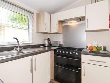 A kitchen with a sink under a window a stove a kettle a toaster and a plate of fruit at Herdwick Cabin in Troutbeck 68 White Cross Bay Holiday Park near Windermere