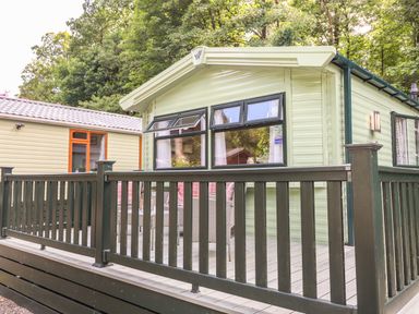 An outdoor deck with a black railing and patio furniture outside a green mobile home with windows and trees around at Herdwick Cabin in Troutbeck 68 White Cross Bay Holiday Park near Windermere